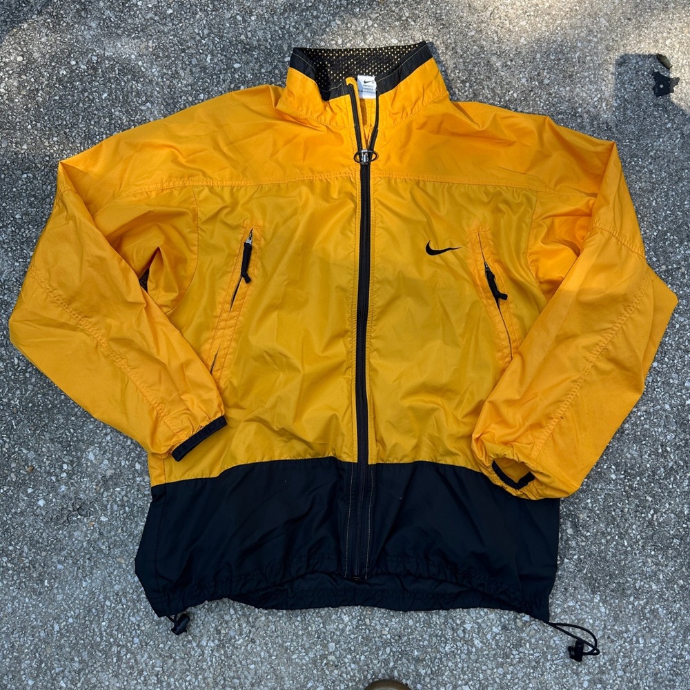 Vintage 90s Nike Windbreaker Jacket Yellow Black Colorblock Full Zip Mens Medium